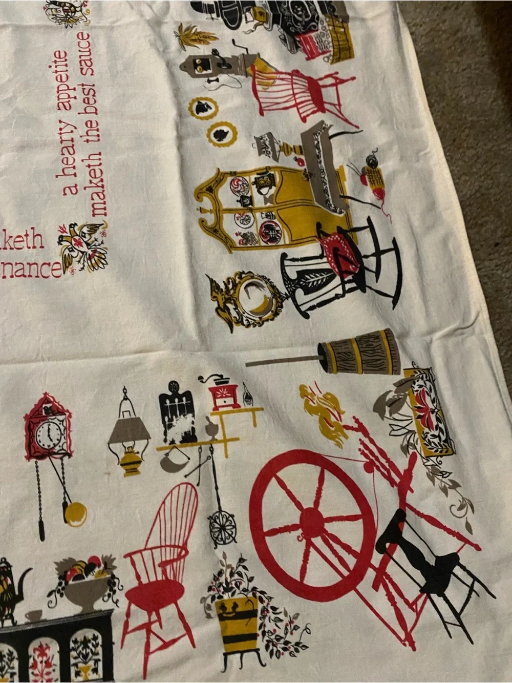 Vintage 50s Kitschy Kitchen Proverb MCM Tablecloth Retro Folk Art Cotton 44x54